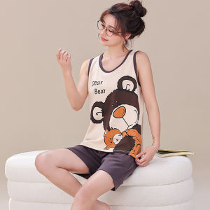 Summer Womens Pajamas Suit Sleeveless Shorts plus Size Plus Size Pure Cotton Cartoon Summer Womens Vest Loose Homewear