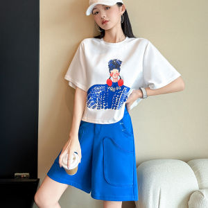 Summer 2025 Womens Casual Sportswear Set Short Sleeve Shorts Two-Piece Suit Fashionable Design Cotton Polyester Spandex Blend