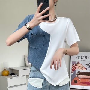 Fashionable Patchwork Denim Short Sleeve T-Shirt Womens Summer Slimming Design Korean Style Commute Pocket round Neck Top