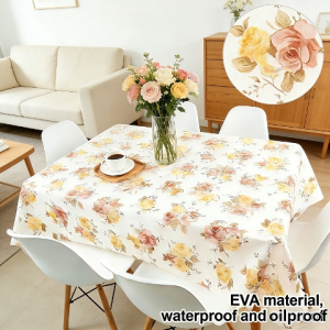 EVA Heatproof Tablecloth Waterproof Oilproof Washable Pastoral Flower Scratch Resistant Suitable For 4/6/8/10 Seats Rectangular Dining Desk Coffee Tablecloth