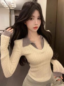 GUZILIAN | College Style Knitted Polo Neck Sweater Women Spring Autumn Pure Desire V Neck Base Shirt Inner Twist Knitwear Commute Fashion