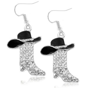 Women Enamel Cowboy Hat Boots Earrings Rhinestone Shoes Charms Stainless Steel Hook Earring Eardrop Cowgirls Party Jewelry Gift