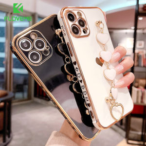 FLOVEME Plating With Love Heart Bracelet Phone Case For iphone 14 13 12 11 Pro Max 14 Plus Square Lens Protection All-inclusive Soft Silicone Shockproof Back Cover For iphone X XR XS Max
