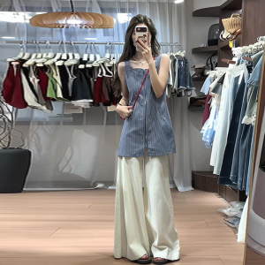 French Vintage Striped Sleeveless Zipper Top Womens Loose Slimming Midi Length Summer New Style Commute Style Other Material