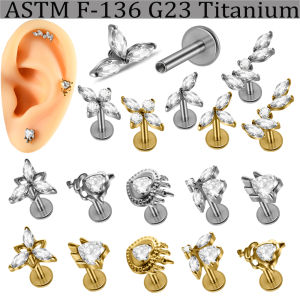 2/1PCS G23 Implant Titanium CZ Heart Marquise Flat Labret Lip Stud Waterdrop Zirconia Internal Ear Helix Daith Lobe Earrings