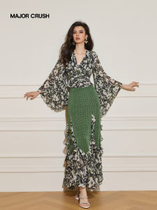 Floral Print Long Sleeve Shirt and Mermaid Hem Skirt Set