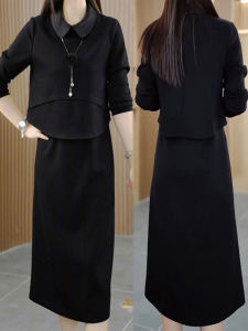 Fashionable A-Line Dress Set Womens Long Sleeve Black Top Vest Dress Autumn New Style Commute Korean Style High Waist Polyester