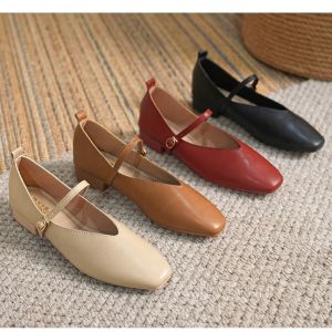Womens Low Heel Mary Janes Soft Leather Slip-On Shoes Spring Summer 2023 Vintage Buckle Closure Flat Head Fashion Single Shoes