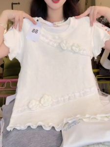 Chic Asymmetrical Lace Floral T-Shirt Womens Sweet Soft Style Short Sleeve Slimming Short Length Top Pure Cotton Summer 2025