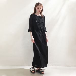 Miccbeirn | Elegant National Style Silk Georgette Embroidered Dress Shiny Sequin A-Line Slimming Long Commute Skirt Cotton Lining Round Neck
