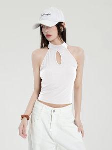 Áo Vest Cổ Treo Khoét Lỗ Màu Trắng Cho Nữ Mùa Hè 2025 Áo Khoác Ngắn Dệt Kim Ôm Vừa Vặn Thiết Kế Gợi Cảm Pure Desire