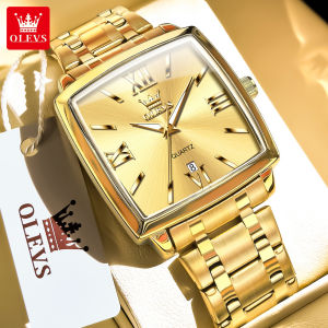 OLEVS นาฬิกาสำหรับผู้ชายของแท้นาฬิกาลำลองสีทองกันน้ำสแตนเลสสายเหล็กควอตซ์ปฏิทินเรืองแสงพร้อมกล่อง