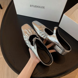 French Style Mary Jane Thick Heel Buckle Mule Slip-On Half Slippers Womens Studiolee Grape Mom Pure Color Korean Style