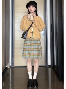 2023 ฤดูใบไม้ร่วง ลายสก็อต กระโปรงทรงเอ สูง เอว พรางหุ่น ดีไซน์ Vintage Mini กระโปรง ชุดทํางานยาว เดรส Triacetate Fiber 100%