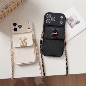 Bear Wallet Strap Case for iPhone 17 Pro Max Air 16 18 12 13 14 15 Plus Card Slots Crossbody Lanyard PU Leather Silicone Cover