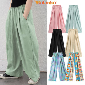 Rolanko Girls Wide Leg Pants Flowy Loose Fit Palazzo Pants for Girls Kids Linen Trousers Casual Beach 6-14Years