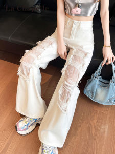La Chapelle | Quần Jeans Xẻ Dọc Thêu Ren Màu Trắng Đai Cao Xòe