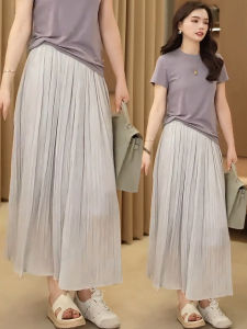 XIANGHOUMINCHU | Slim Fit High Waist A-Line Midi Skirt Pleated Light Gray