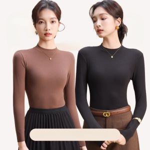 MiiOW | Áo thun dài tay ôm vừa vặn màu nâu mùa thu đông mới của MiiOW dành cho nữ Áo thun dài tay cổ cao bằng vải nỉ mềm mại