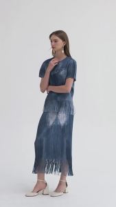 6416 One Size (45-75kg) Female Summer Gradient Denim Color Tassel Top Mid-Length Set Female Commuter Daily Slim Fit Two-Piece Suit [Top And Skirt Sold Separately]]