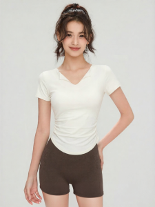 aziztas | V-Neck Ruched Waist Fitness Top Short Sleeve