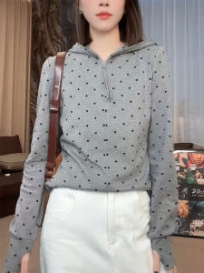 QINGNAER | Vintage Sweet Youthful 2025 Fall Oversized Women T-Shirt Gray Dots