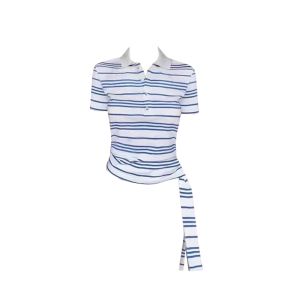 YUEZHONGWEI | Summer Blue White Stripes Polo Neck Short Sleeve T Shirt Womens Design Sense Waist Cinch Tie Top Commute Style Korean Version
