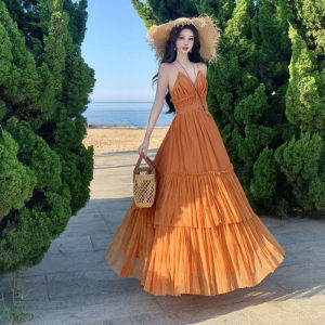 French Elegant V-Neck Waist-Cinched Maxi Dress Fashionable Shoulder Strap Dress Summer Season Casual Travel Citywalk Style