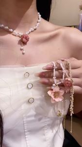3 Styles Pink Rose Flower Pendant Necklaces Women Imitation Pearl Bead Glass Leaf Tassel Chains Necklace Sweet Wedding Jewelry M