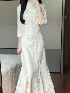 ชุดเดรสยาวสไตล์จีนโบราณ แขนยาว 7 นิ้ว ทรงเอ คอเหลี่ยม ชุดราตรีผ้าฝ้ายโพลีเอสเตอร์ ฤดูใบไม้ผลิ 2025