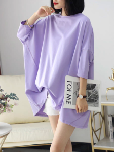 Summer New Candy Color Large Version T-Shirt Womens Short Sleeve Loose Mid-Length Casual Pure Color Top Korean Style Commute