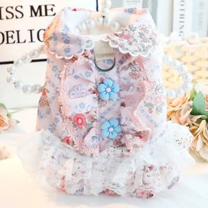 HBESTY  2025 New Autumn Winter Pet Clothes Thick Cotton-padded Princess Dog Dress Coat  with Floral Lace for Small Dogs & Cats