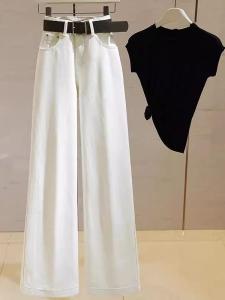 High Waist Straight Leg White Jeans Slim Fit Wide Leg Pants Casual Washed Denim Floor Length Trousers for plus Size Women