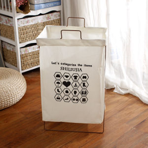 ถังใส่เสื้อผ้าสีพื้นสไตล์ญี่ปุ่น ถังใส่เสื้อผ้าสีพื้นแบบพับได้ กันน้ำ ผ้าฝ้ายลินิน ตะแกรงเหล็ก สำหรับใช้ในบ้าน