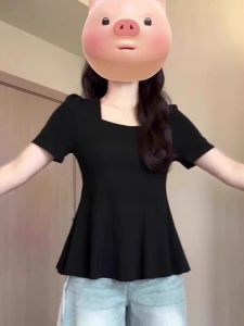 plus Size Womens Cotton T-Shirt Square Collar Short Sleeve Slimming Design Waist-Cinching Top Korean Style Commute Fashion