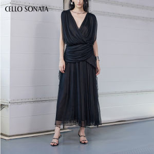 Cello Sonata | Spring Series Silk Crinkle Design Elegant Dress Black