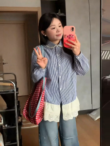 Áo Sơ Mi Nữ Dáng Rộng Phong Cách Hàn Quốc Họa Tiết Hoa Ren Cài Nút Dài Tay Cổ Búp Bê Mùa Thu Mới