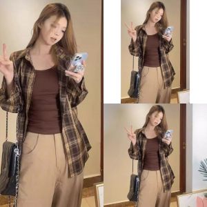 Casual Plaid Patchwork Shirt Womens Loose Fit Casual Wind Design Early Spring Autumn High End UV Protection Long Sleeves