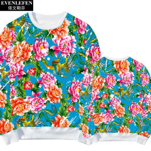 EvenLefen Northeast Big Flower Fashionable Ethnic TikTok Red Rose Sweatshirt for Men and Women Long Sleeve Casual Winter Wear with Geometric Pattern