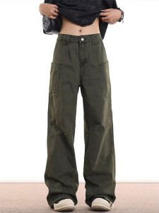 กางเกงยีนส์ทรงหลวมสไตล์ย้อนยุคสีเขียวทหารสำหรับผู้ชาย กางเกงขายาวทรงตรงหลายกระเป๋า ทรงหลวม กางเกงยีนส์ทรงตรง