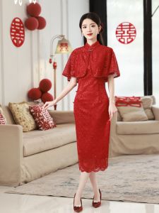 ชุดกี่เพ้าผ้าไหมหมิงสีแดง ชุดกี่เพ้าผู้หญิง ชุดราตรี ชุดกี่เพ้าทรงยาวปานกลาง แขนสั้น เดรสยาวปานกลาง เดรสสีพื้น