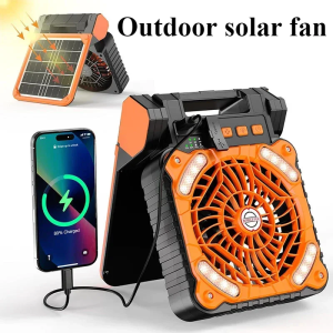 7800mAh Solar Camping Fan - 4 Speed Portable Fan with LED Light 90° Adjustable for Tent/Outdoor (USB/Solar Dual Charging)