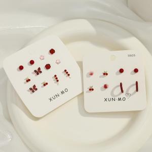 Ankela Red Silver Needle Earring Set Small Vintage Wine Red Luxury Ear Jewelry Fashionable Floral Design for Women