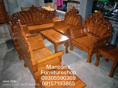 Cleopatra Sala Set (Gmelina Wood) - Ornate Carvings Wooden Construction Sofas and Tables Outdoor Display.
