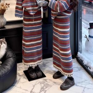 XUECAIQI | Korean Color Block Stripe Knitted Sweater and Midi Skirt Set