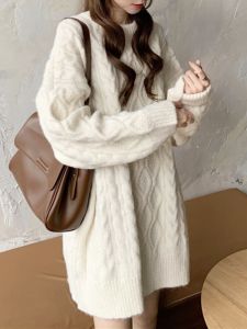 Thickened Long Womens Sweater Soft Cozy Over-sized Autumn Winter round Neck Knitted Dress Casual Comfortable Warm Fashionable