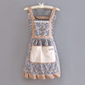 Women Princess Floral Kitchen Apron Hand-Wipe Pocket Oil-Proof Ruffle Back Tie Large Pocket Cooking Bib for Home Restaurant Use