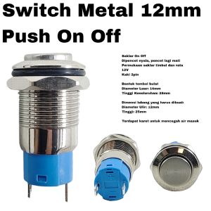 Switch Metal 12mm Push On Off 2 Pin Saklar Stainless 2pin Tombol Self Locking 12V