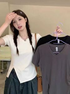 plus Size Asymmetric Short Sleeve T-Shirt Women Summer Slimming White Cover Belly Regular Shoulder Commute Style Cotton V-neck