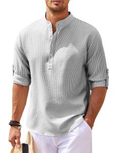 Mens Formal Long Sleeve White Shirt Standard Fit Floral Detail All Season Stand Collar Solid Color Business Casual Wear